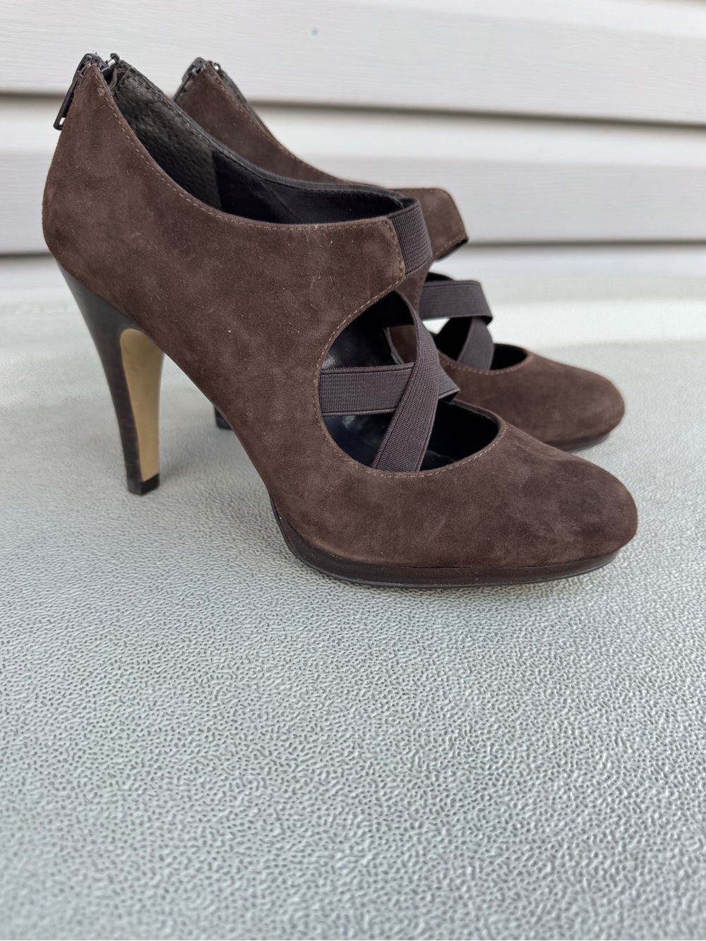 Franco Sarto Brown Suede High-Heel Mary Jane Pumps with Cross-Strap